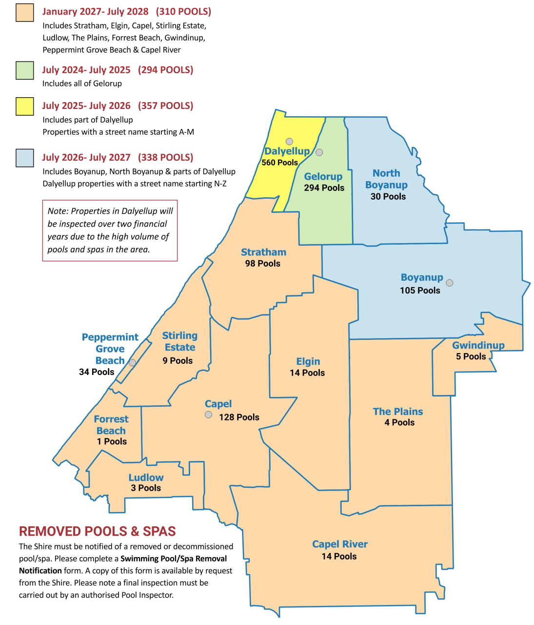 Map of the Shire of Capel showing swimming pool inspections zones